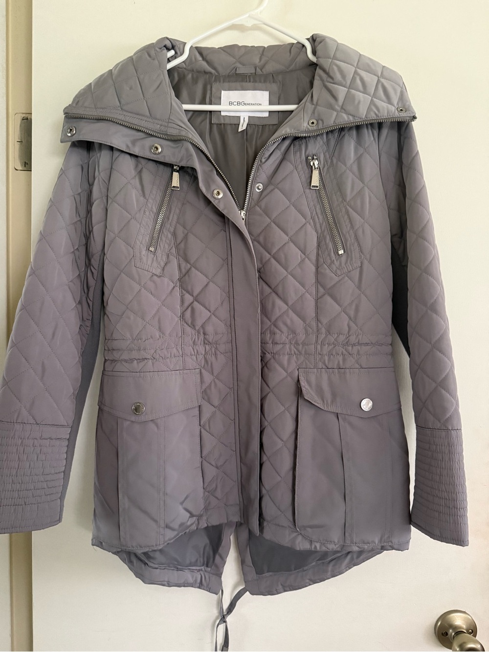 BCBGeneration Quilted Gray Hooded Utility Jacket